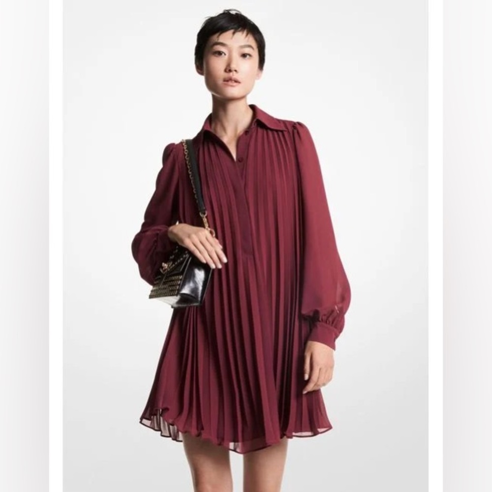 Michael Kors Georgette Pleated Shirtdress-Red